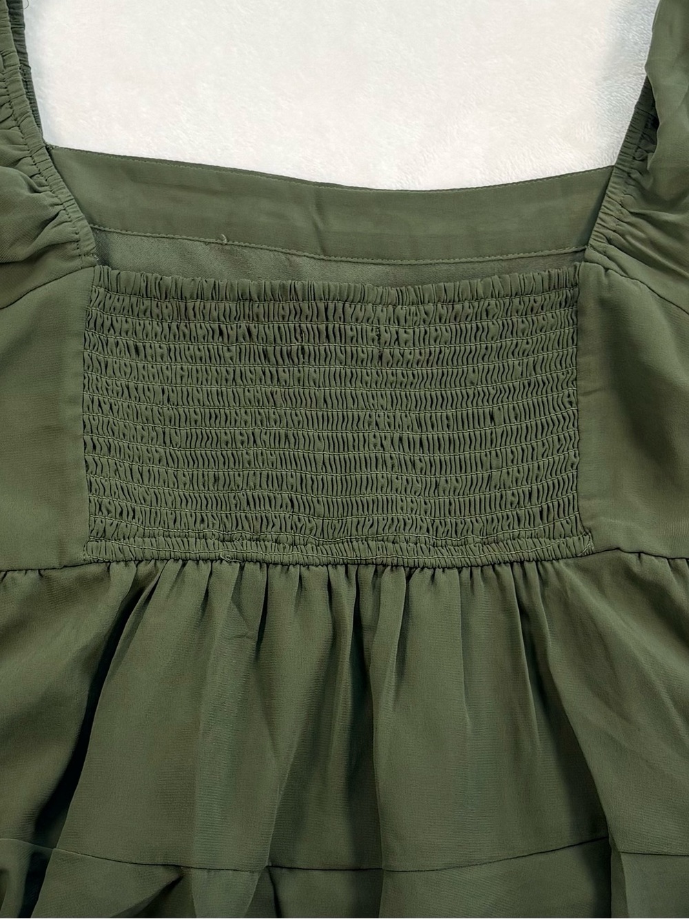 ABERCROMBIE & FITCH Olive Green Smocked Babydoll Blouse Large Square Neck Top - Picture 6 of 8